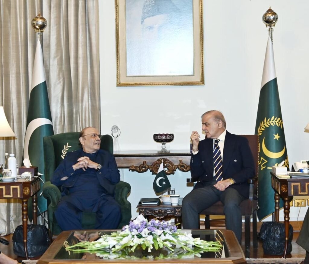 صدرِ مملکت آصف زرداری سے وزیراعظم محمد شہباز شریف کی ملاقات، وفاقی حکومت اور پاکستان پیپلز پارٹی کا مشترکہ وفد کل پی ٹی آئی قیادت سے ملاقات اور موجودہ سیاسی صورتحال پر مذاکرات کرے گا